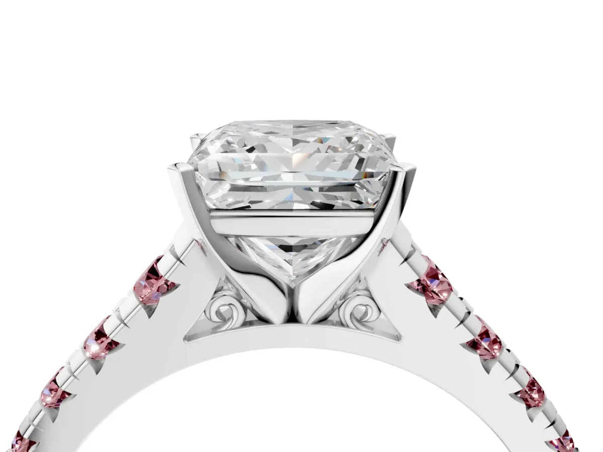 Princess Cut Diamond Cathedral Solitaire Ring with Round Morganite Pavé Band Silver