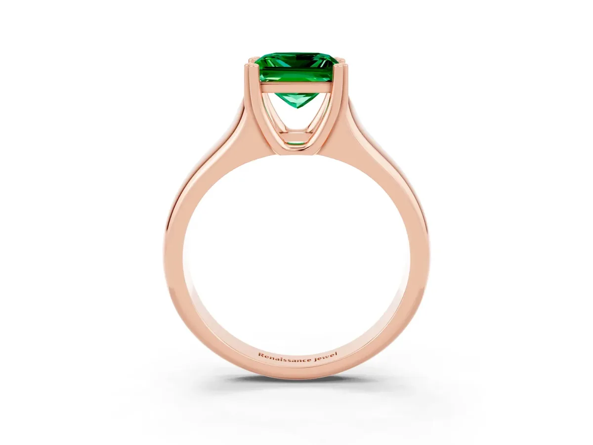 Princess Cut Emerald Solitaire Ring with Wide Band and Prong Setting Rose gold