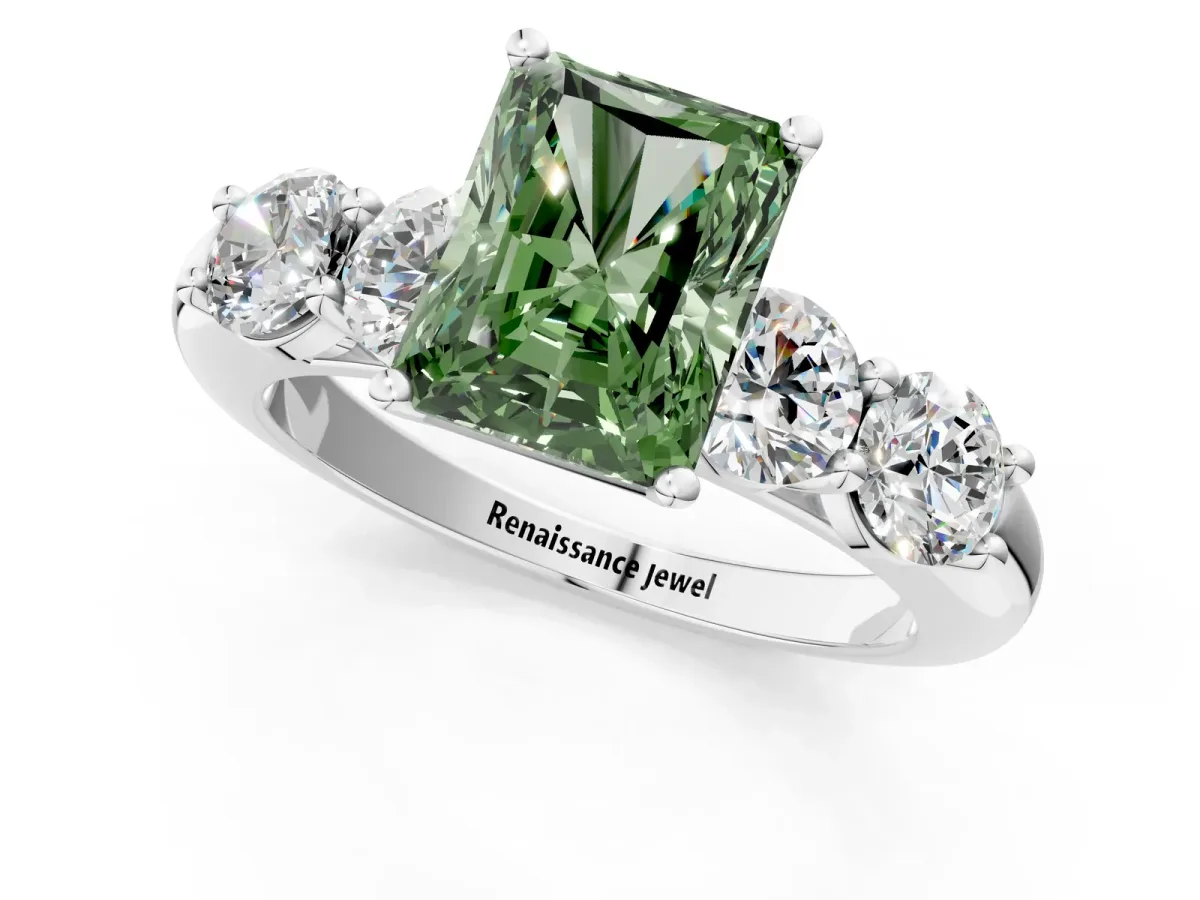 Fancy Green Radiant Cut Cut Five-Stone Prong Set Diamond Ring with Classic Band Platinum
