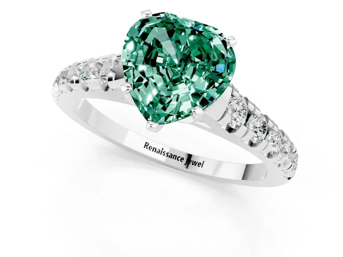 Heart Cut Green Sapphire Cathedral Solitaire Ring with Round Pavé Band Silver