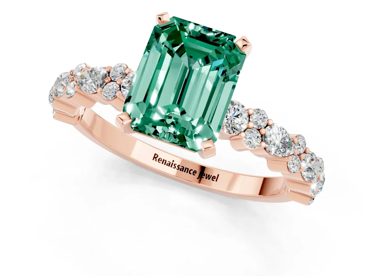 Emerald Cut Green Sapphire Side Stone Solitaire Ring with Round and Four-Prong Setting Rose gold