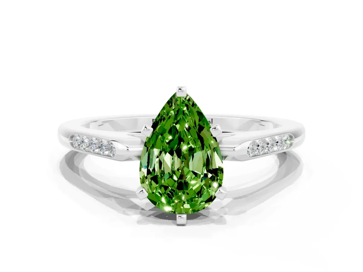 Pear Cut Peridot Solitaire Ring with Channel Set Round Band and Prong Setting Silver