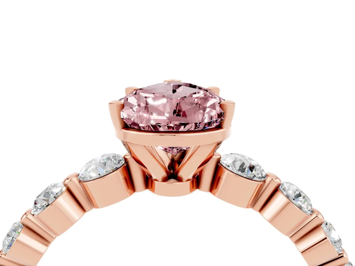 Pear Cut Solitaire Morganite Ring with Pave Band and Four-Prong Setting Rose gold