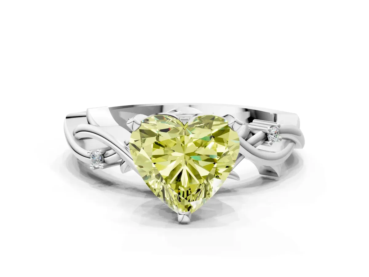Fancy Yellow Heart Cut Diamond Solitaire Ring with Twisted Band and Prong Setting Silver