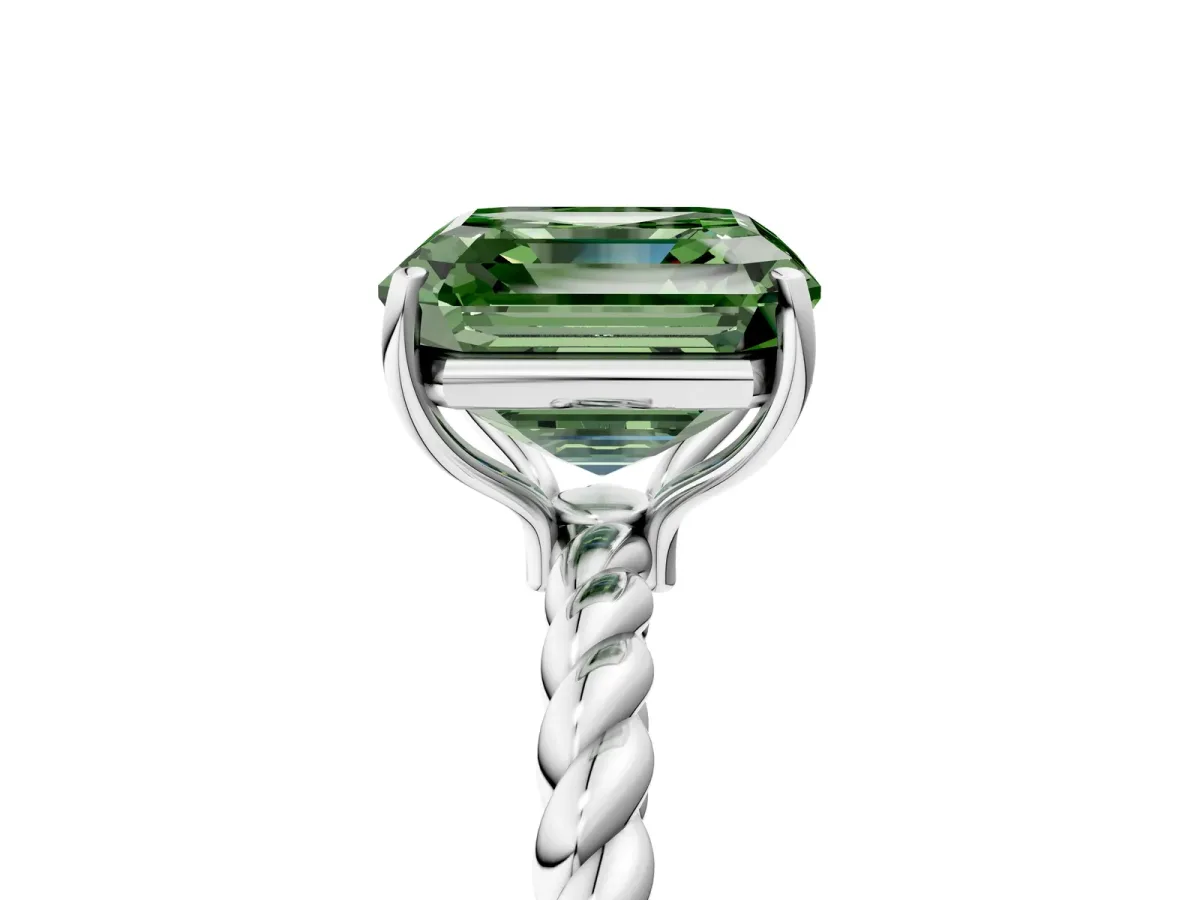 Fancy Green Asscher Cut Solitaire Twisted Band 4-Prong Ring Platinum