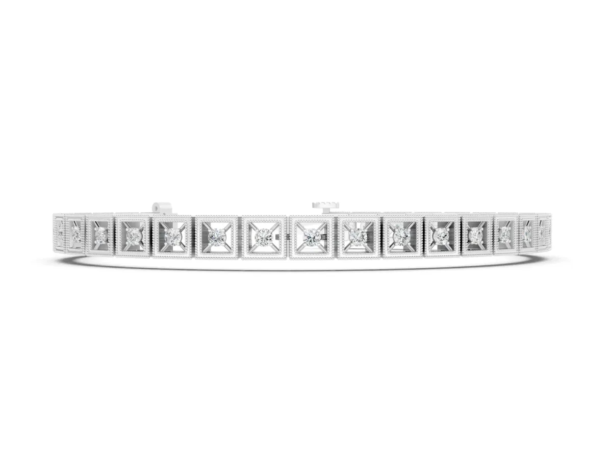 Milgrain Square Link Bracelet with Round Cut Diamonds in Bezel Setting White gold