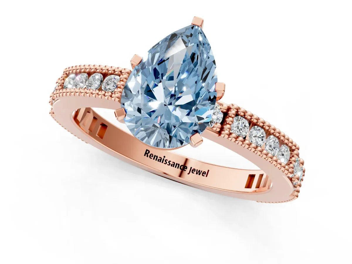 Fancy Blue Pear Cut Solitaire with Pavé Band and Four-Prong Setting Rose gold