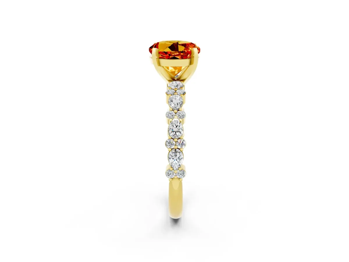 Round Cut Citrine Side Stone Solitaire Ring with Round and Four-Prong Setting Yellow gold