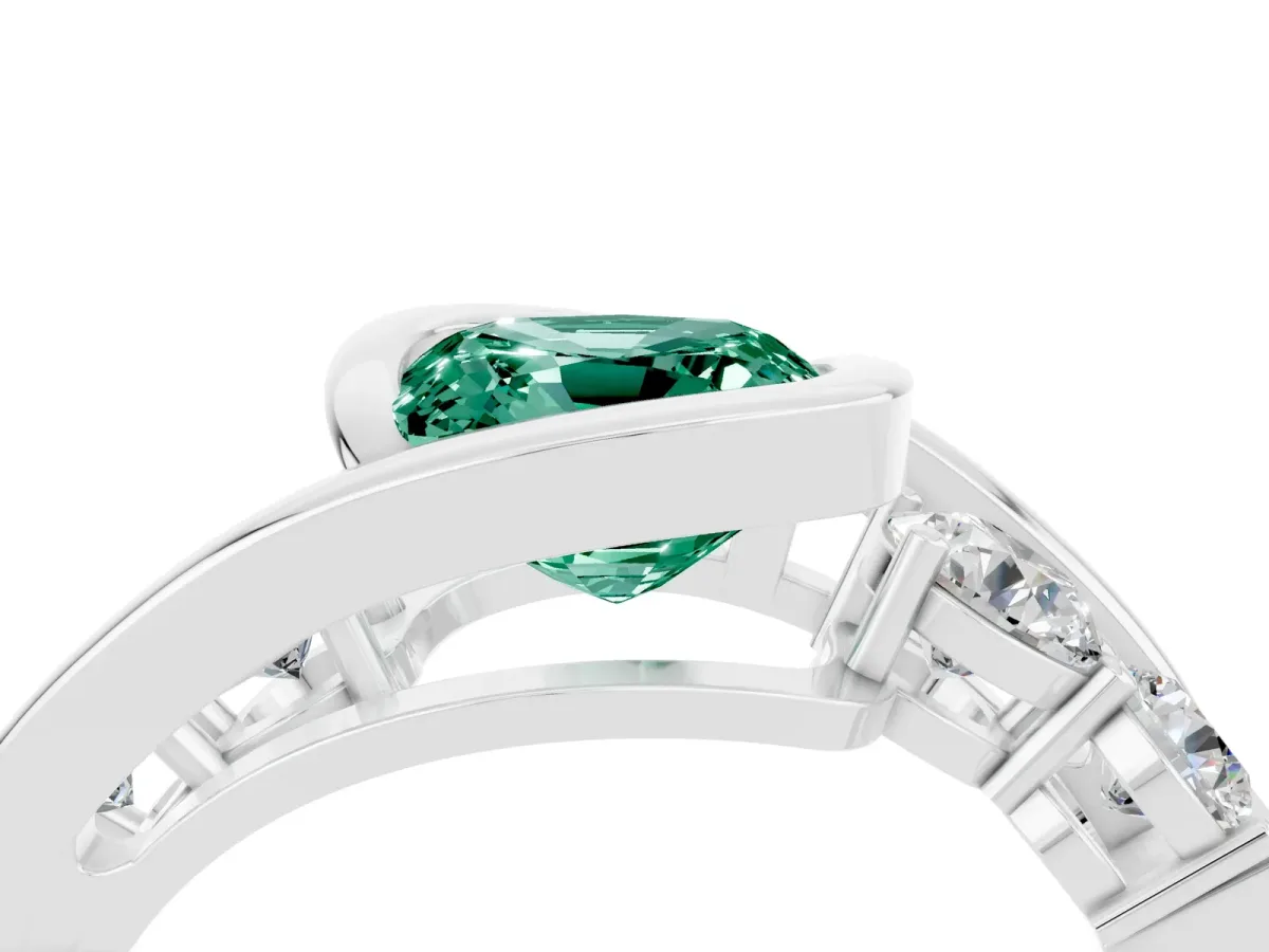 Bezel Set Cushion Cut Green Sapphire Bypass Ring with Round Accents Silver
