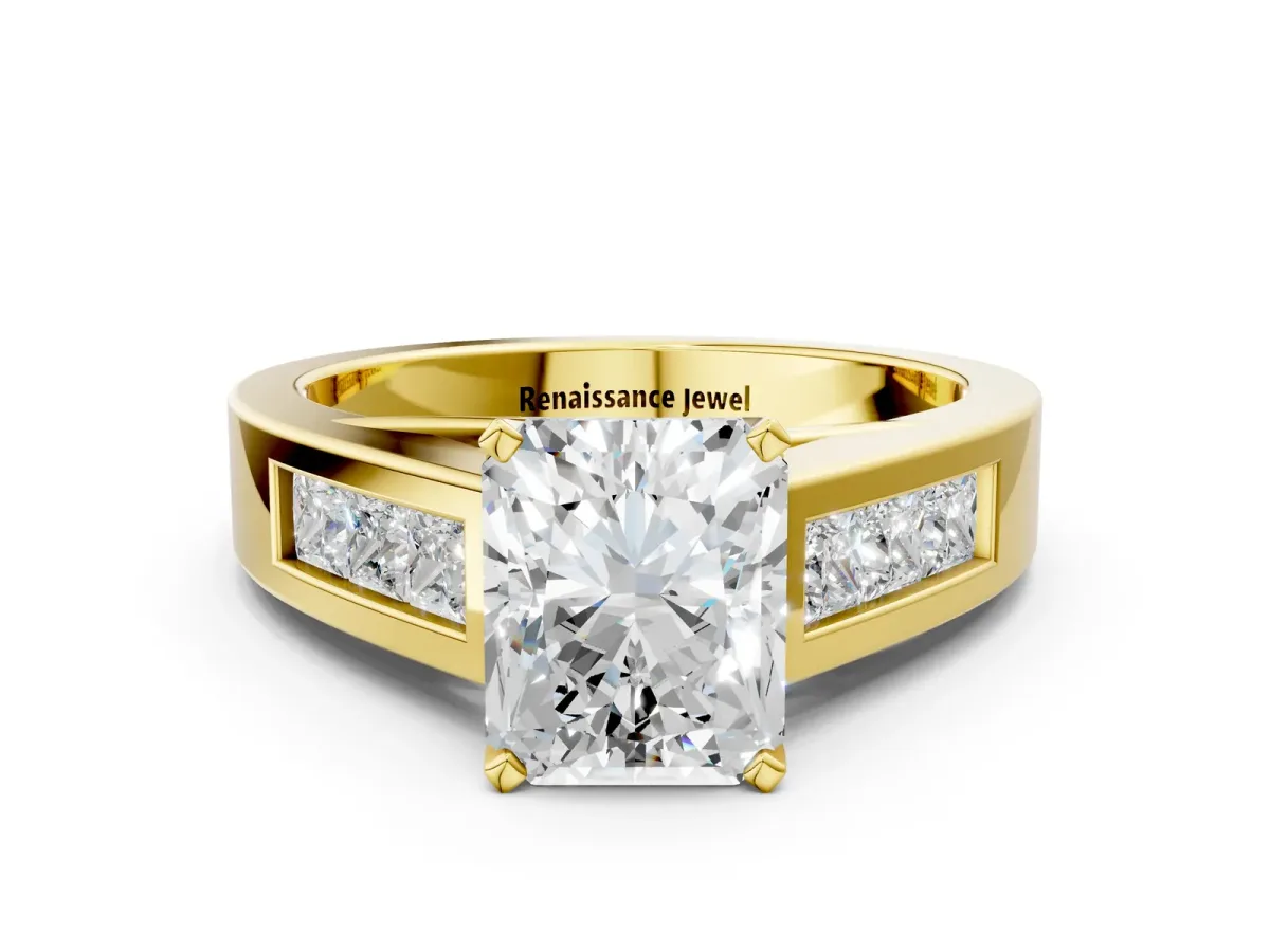 Radiant Cut Cut Channel Set Solitaire Ring with Four-Prong Setting Yellow gold