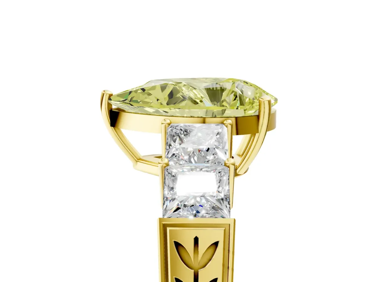 Fancy Yellow Pear Cut Solitaire Princess Side Stone Engraved Band Prong Setting Ring Yellow gold