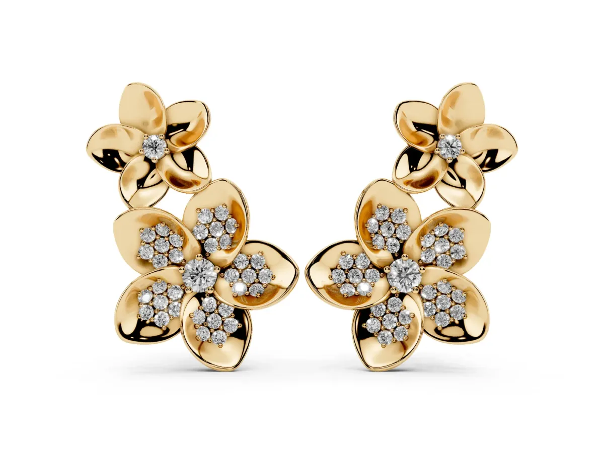 Round Diamond Plumeria Climber Earrings Yellow gold