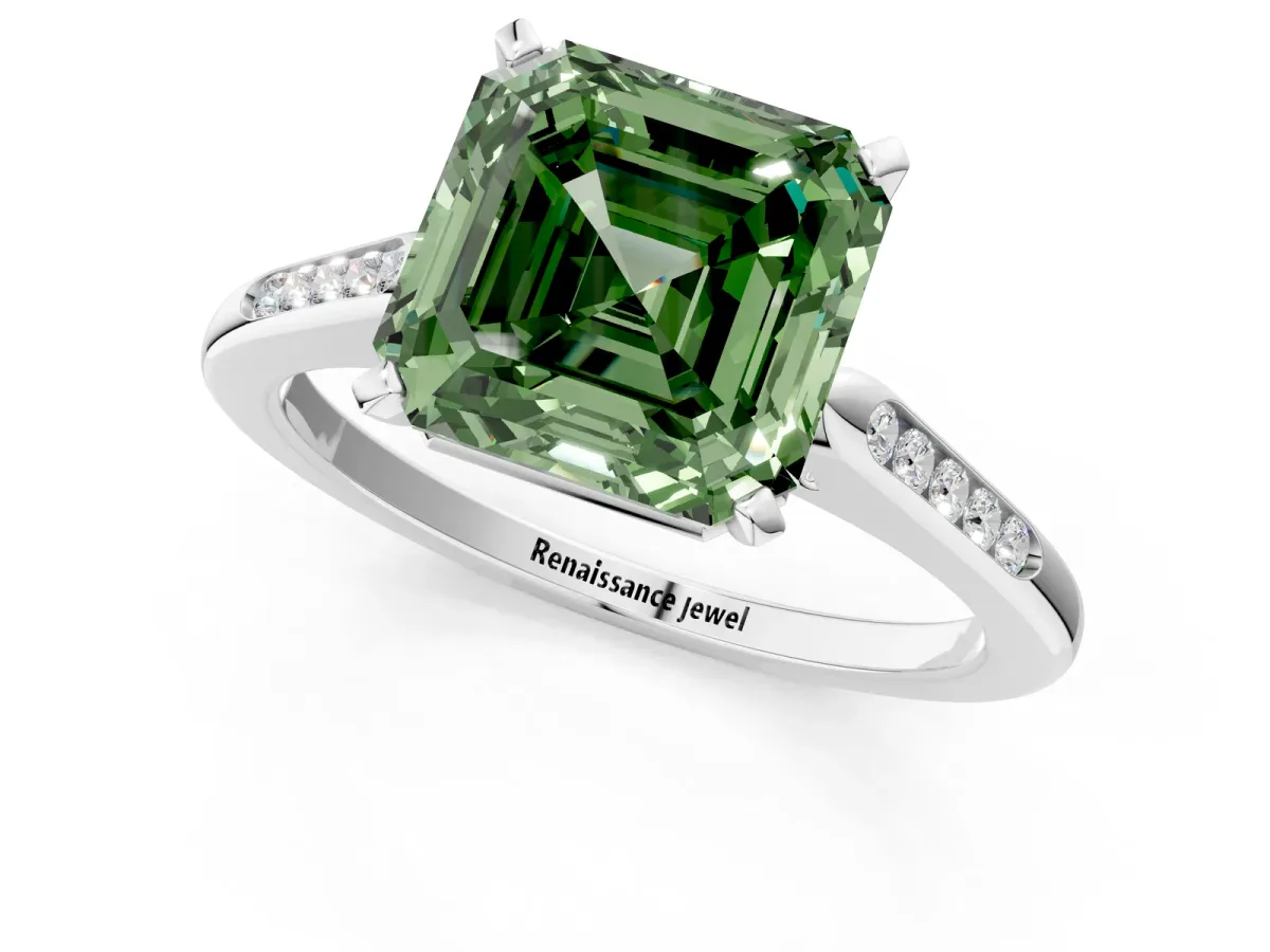 Fancy Green Asscher Cut Diamond Solitaire Ring with Channel Set Round Band and Prong Setting Silver