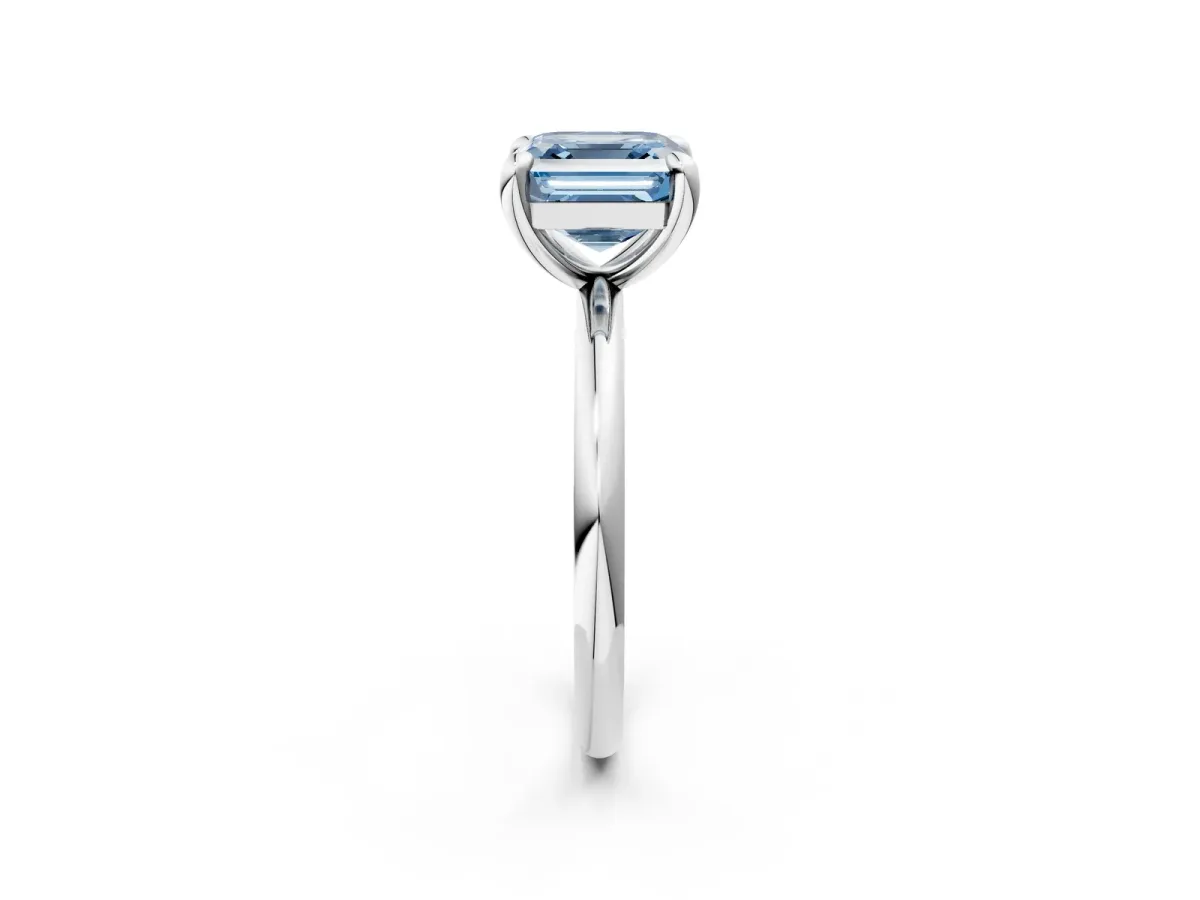 Fancy Blue Asscher Cut Solitaire Diamond Ring with Four-Prong Setting on a Plain Band Platinum