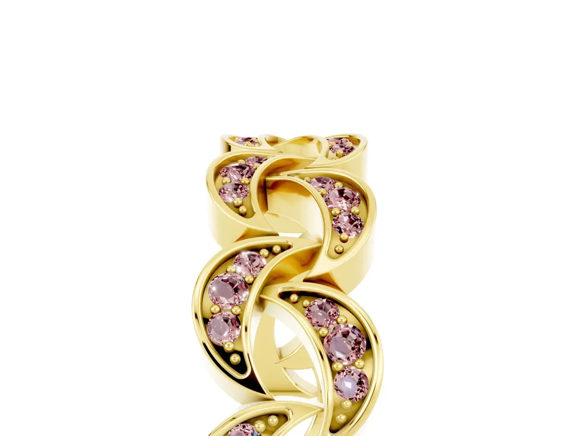Pavé Round Morganite Interlocking Eternity Band with Bezel Prong Setting Yellow gold