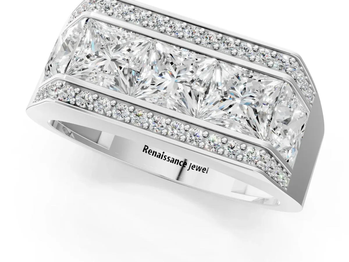 Princess and Round Diamond Channel Pavé Mens Band Silver