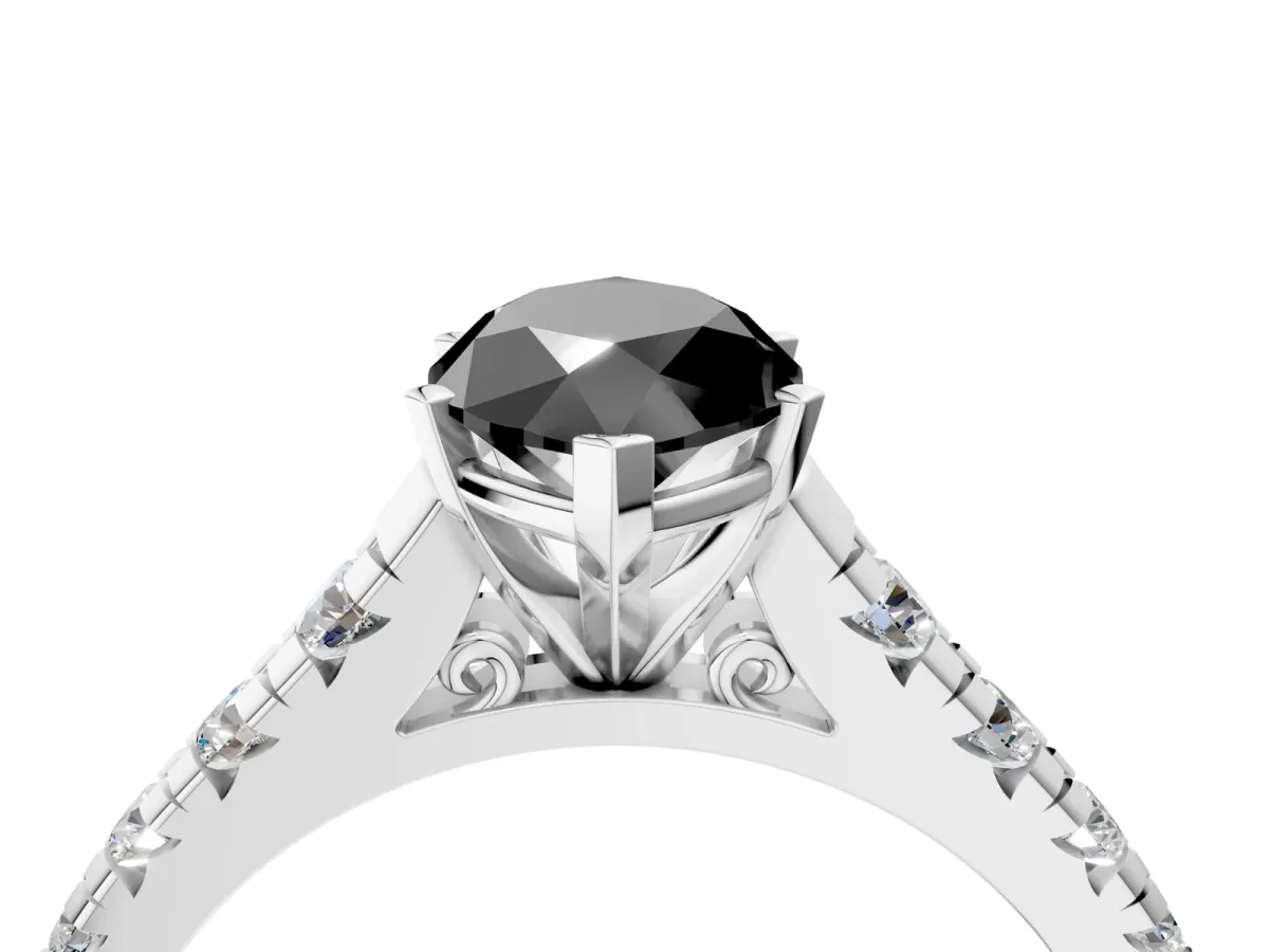 Fancy Black Marquise Cut Diamond Cathedral Solitaire Ring with Round Pavé Band Silver