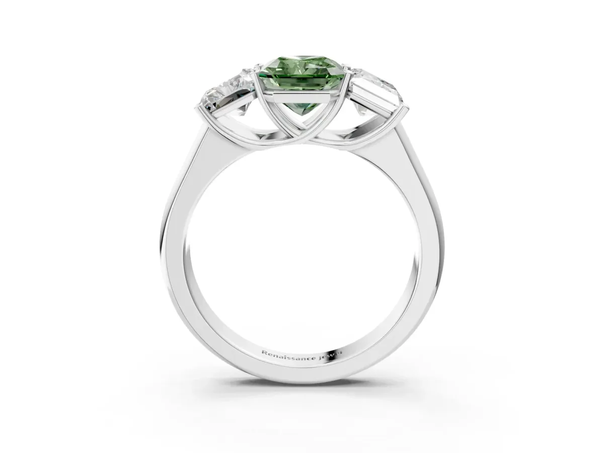 Fancy Green Radiant Cut Three-Stone Diamond Ring with Prong Setting on a Classic Band Platinum