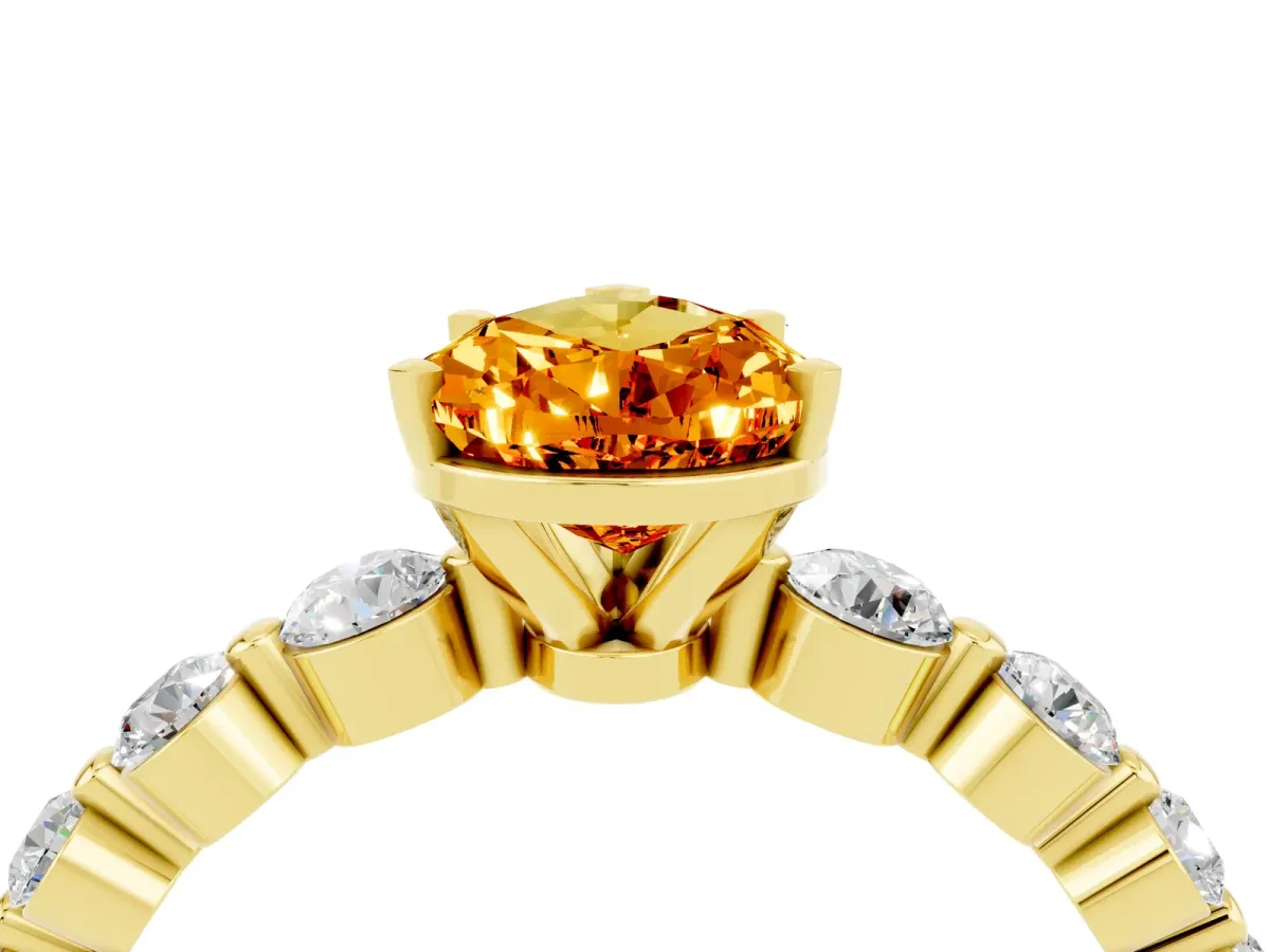 Pear Cut Solitaire Citrine Ring with Pave Band and Four-Prong Setting Yellow gold