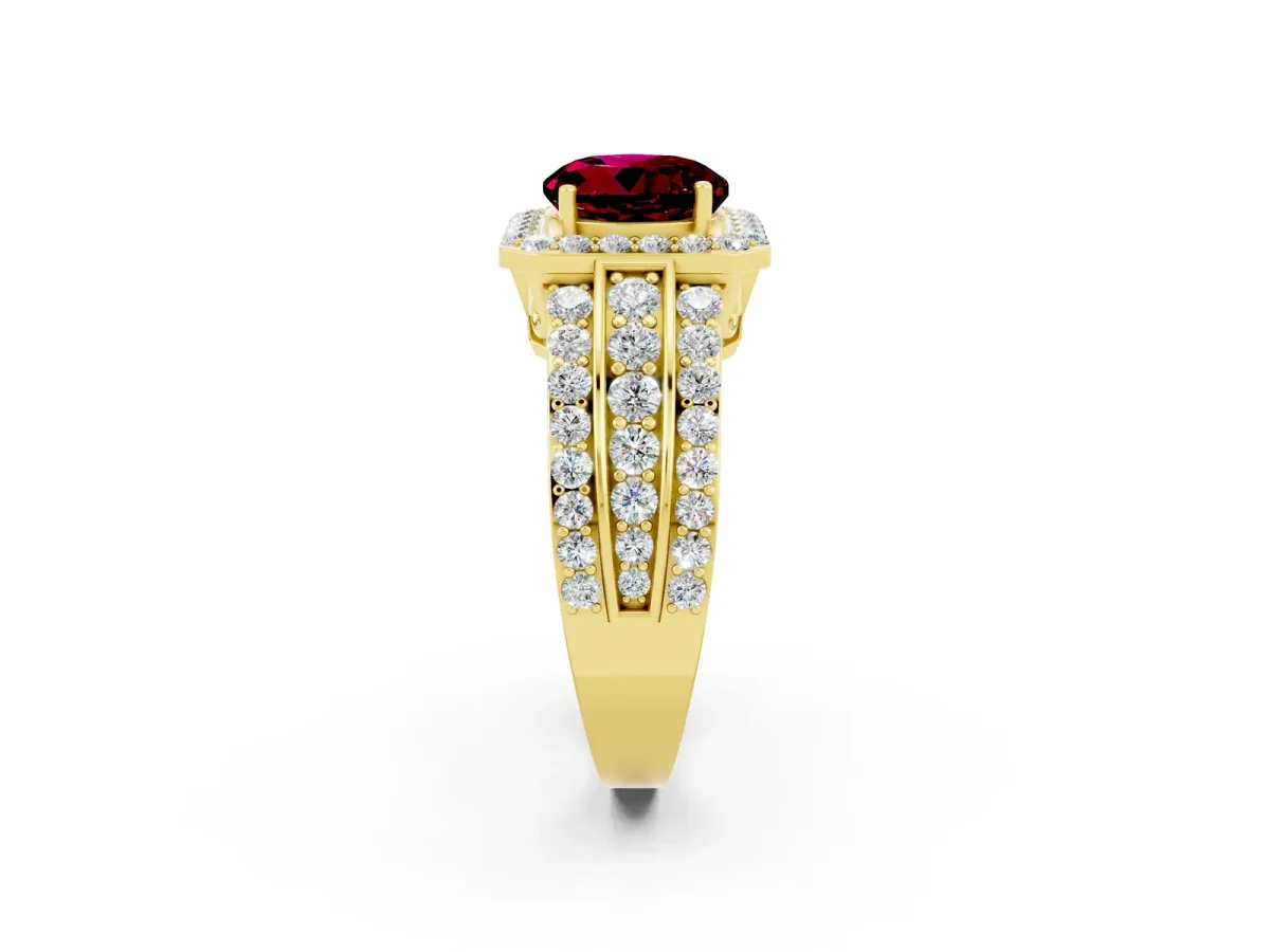 Round Cut Halo Garnet Ring with Round Split Shank and Prong Setting Yellow gold