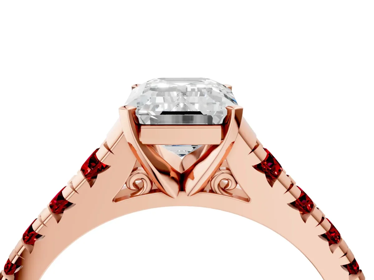 Emerald Cut Diamond Cathedral Solitaire Ring with Round Ruby Pavé Band Rose gold