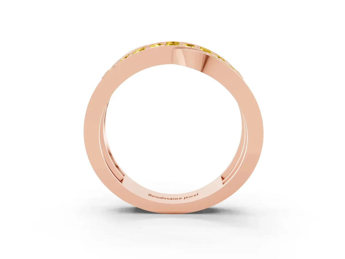 Pavé Round Yellow Sapphire Crossover Band with Bead Prong Setting Rose gold