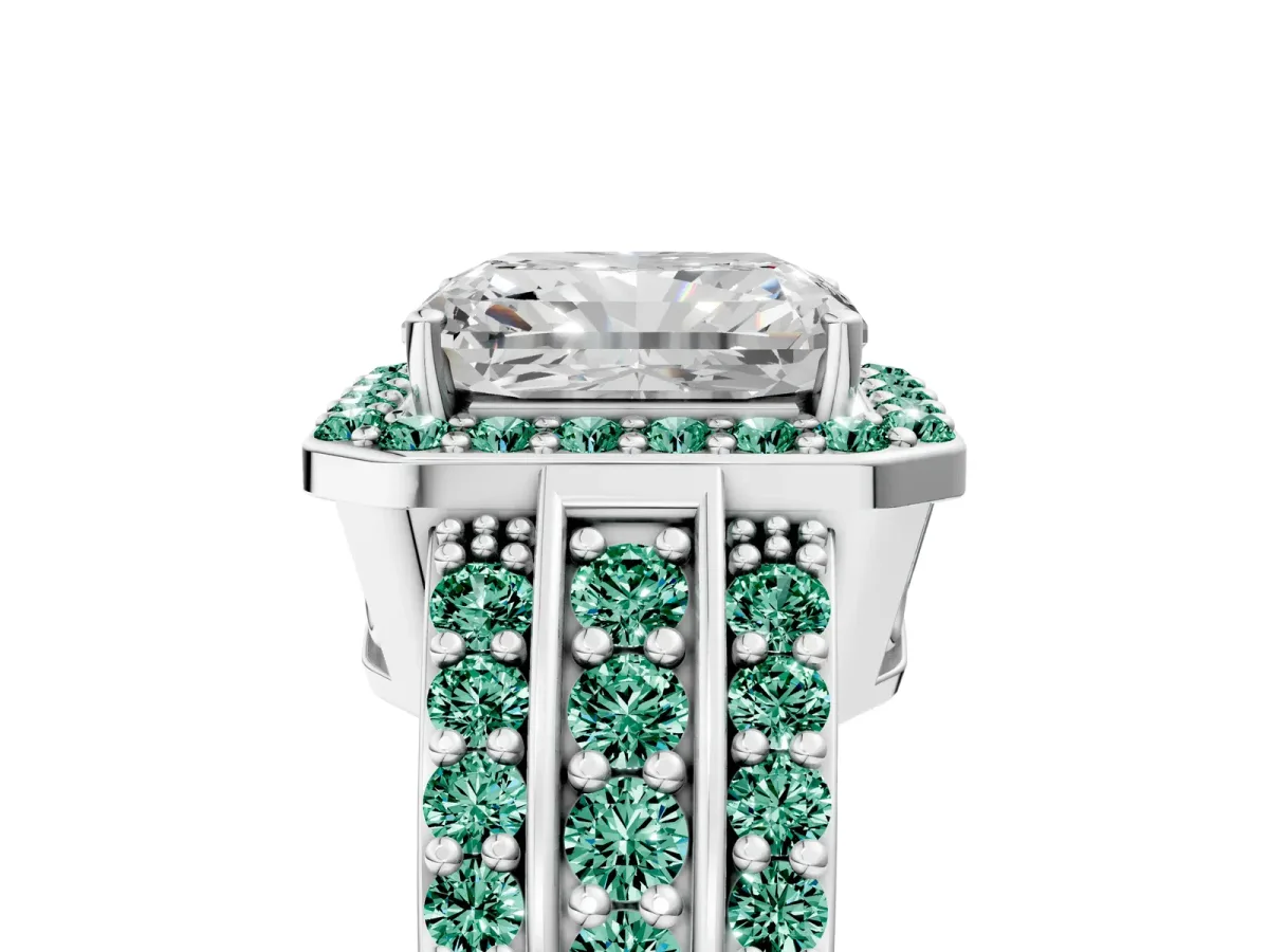 Radiant Cut Halo Diamond Ring with Round Green Sapphire Split Shank and Prong Setting Silver