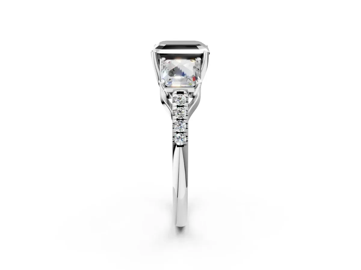 Fancy Black Three-Stone Asscher Cut Diamond Ring with Round Pavé Band and Prong Setting White gold