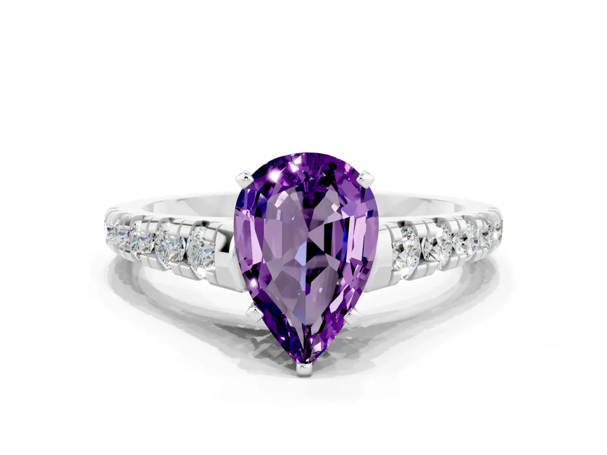 Pear Cut Amethyst Cathedral Solitaire Ring with Round Pavé Band Platinum