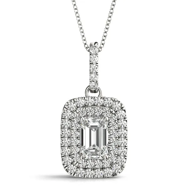 Emerald Cut Double Halo Diamond Pendant with Prong Setting Silver