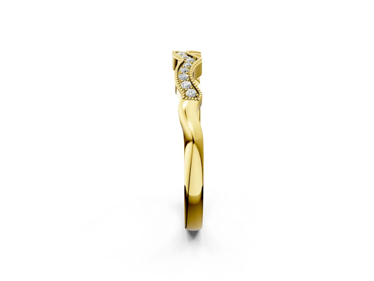 Milgrain Pavé Round Diamond Curved Band Yellow gold