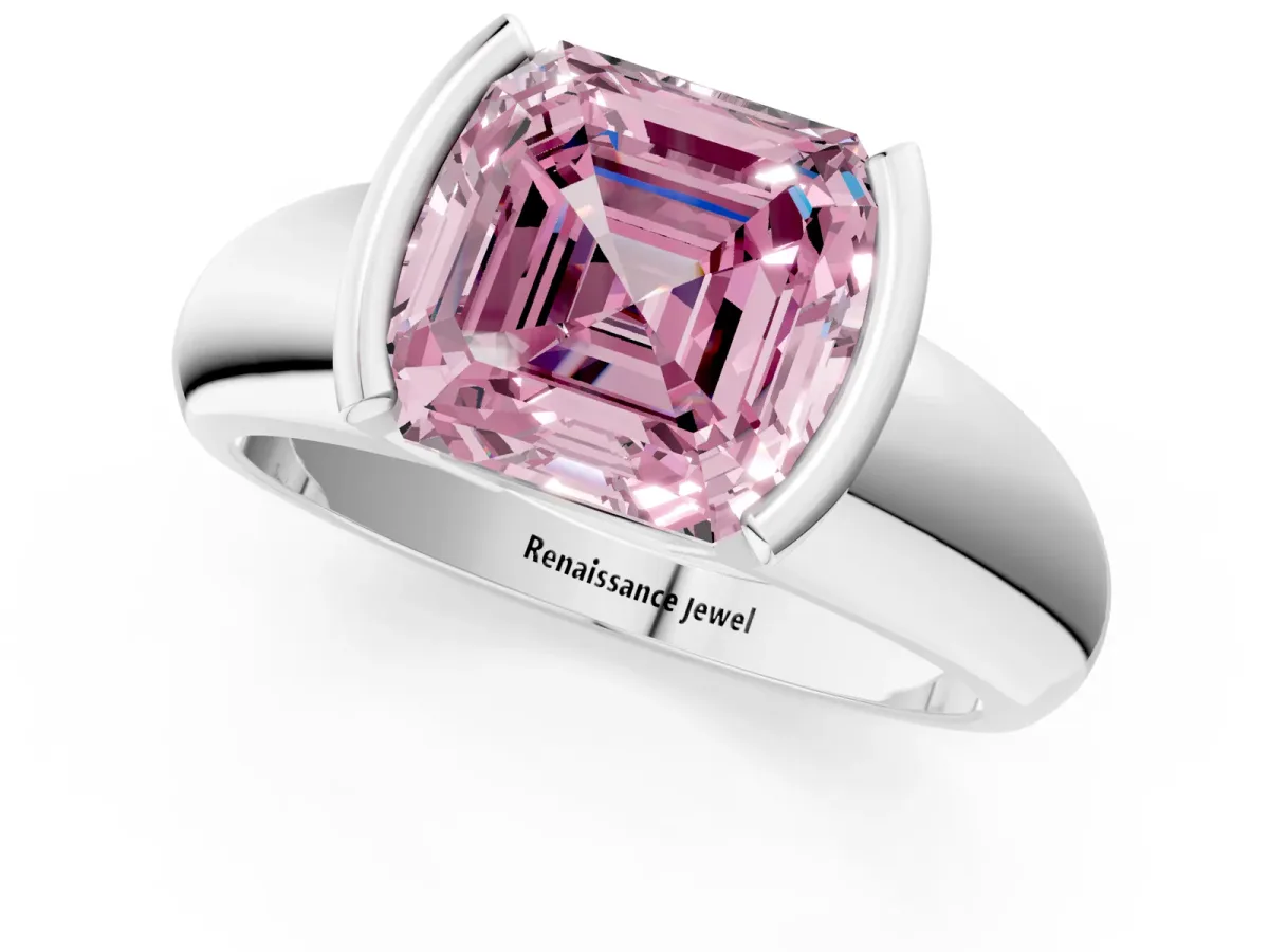 Fancy Pink Asscher Cut Solitaire Tension Set Diamond Ring with Wide Band Platinum
