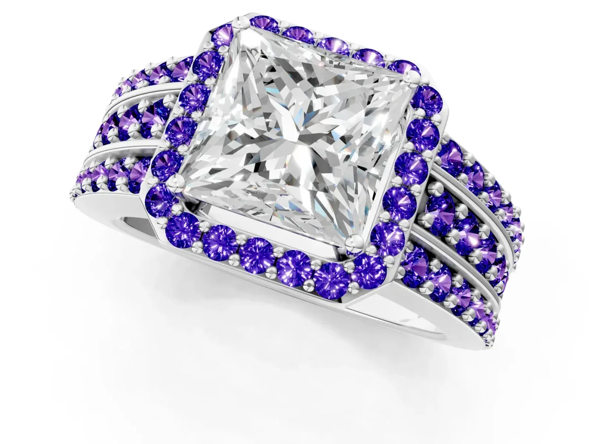 Princess Cut Halo Diamond Ring with Round Tanzanite Split Shank and Prong Setting Silver