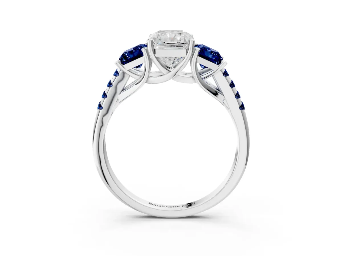 Three-Stone Radiant Cut Diamond Ring with Round Blue Sapphire Pavé Band and Prong Setting Silver