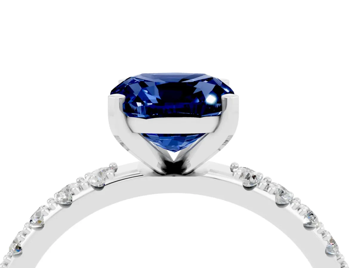 Cushion Cut Blue Sapphire Solitaire Pavé Band with Four-Prong Setting Silver