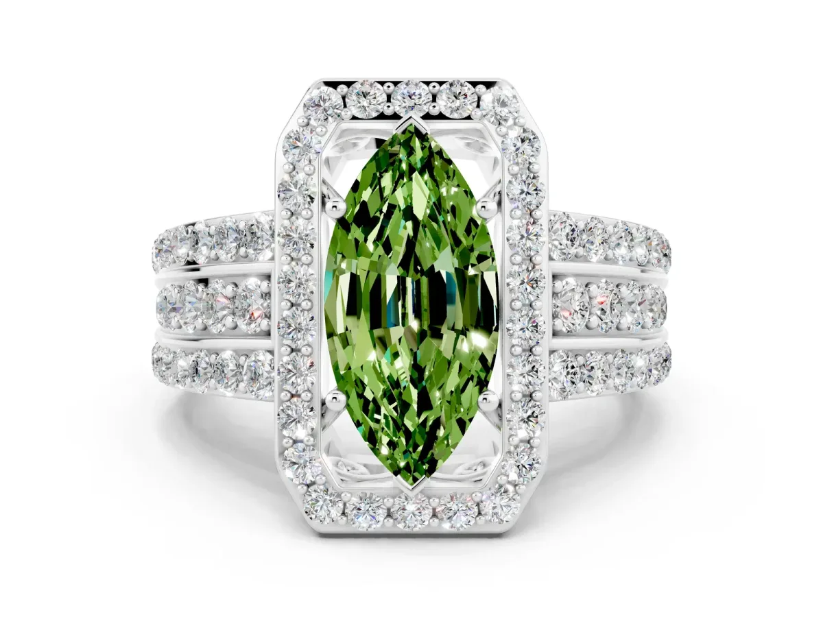 Marquise Cut Halo Peridot Ring with Round Split Shank and Prong Setting Silver