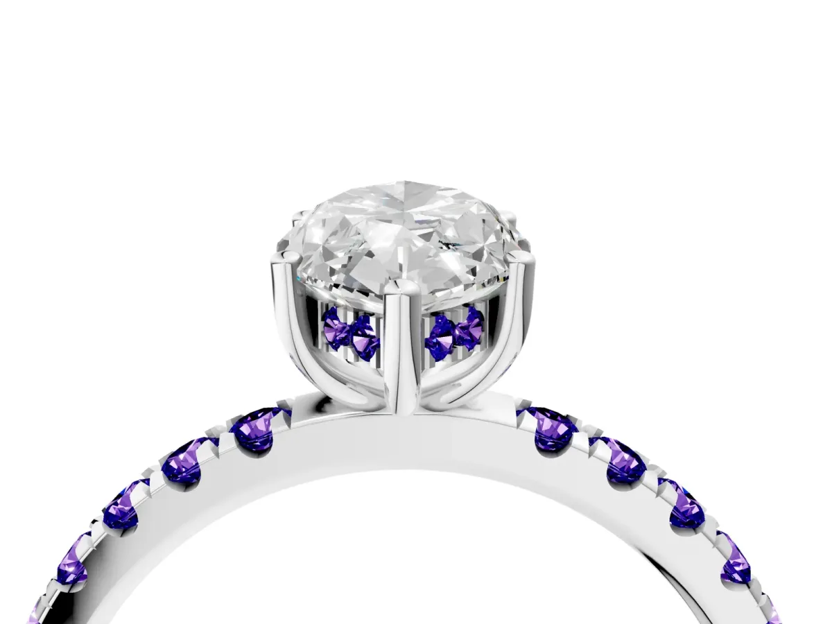 Marquise Cut Diamond Pave Band Solitaire Ring with Round Tanzanite and Prong Setting Silver