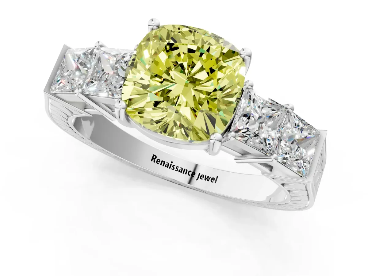 Fancy Yellow Cushion Cut Solitaire Princess Side Stone Engraved Band Prong Setting Ring Silver