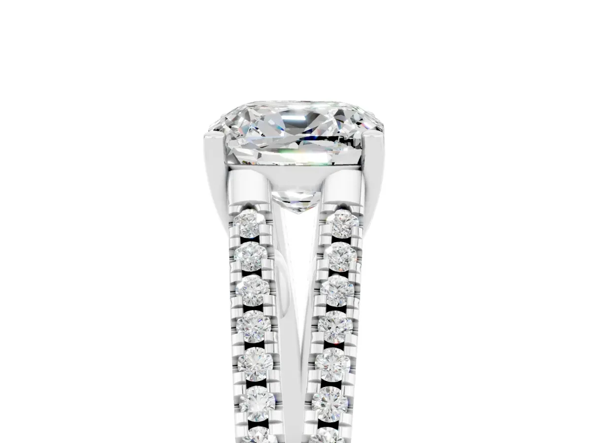 Cushion Cut Moissanite Solitaire Engagement Ring with Split Shank Pavé Band Silver