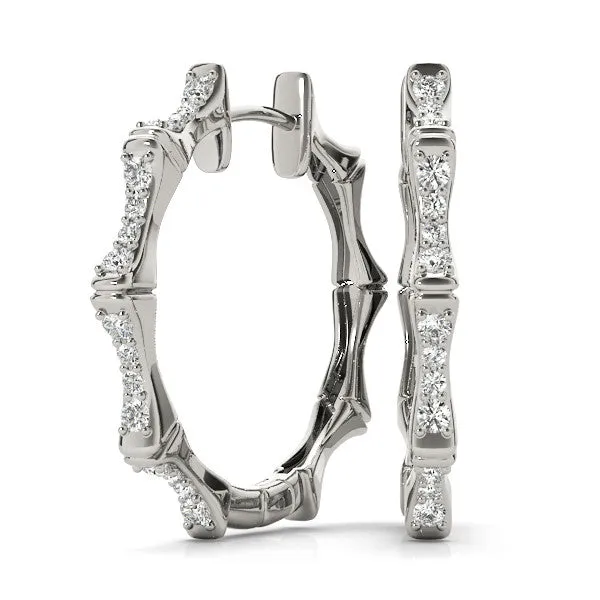 Round Diamond Pavé Bamboo Hoop Earrings with Four-Prong Setting White gold
