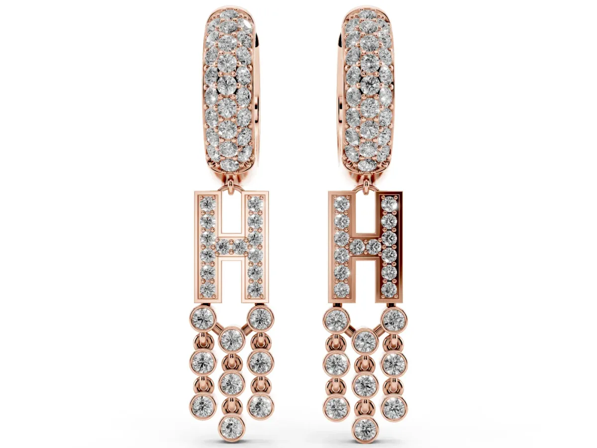 Round Diamond Initial H Huggie Hoop Earrings Rose gold