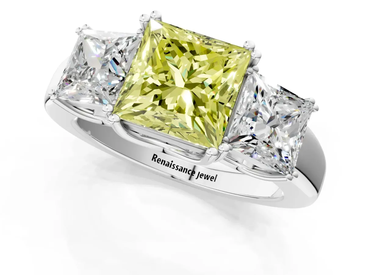 Fancy Yellow Three-Stone Princess Cut Cut Diamond Ring with Channel Set Band and Four-Prong Setting Silver