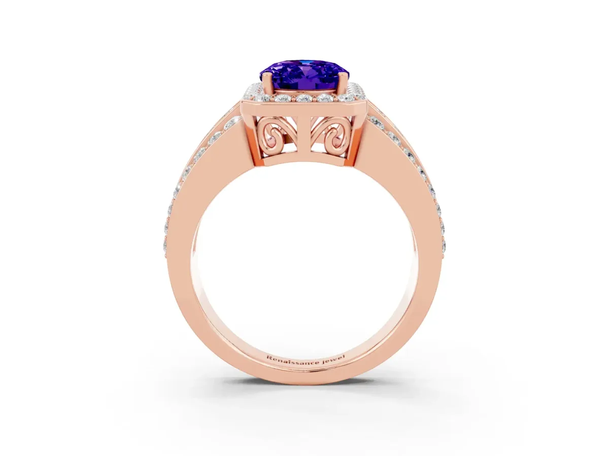 Oval Cut Halo Tanzanite Ring with Round Split Shank and Prong Setting Rose gold