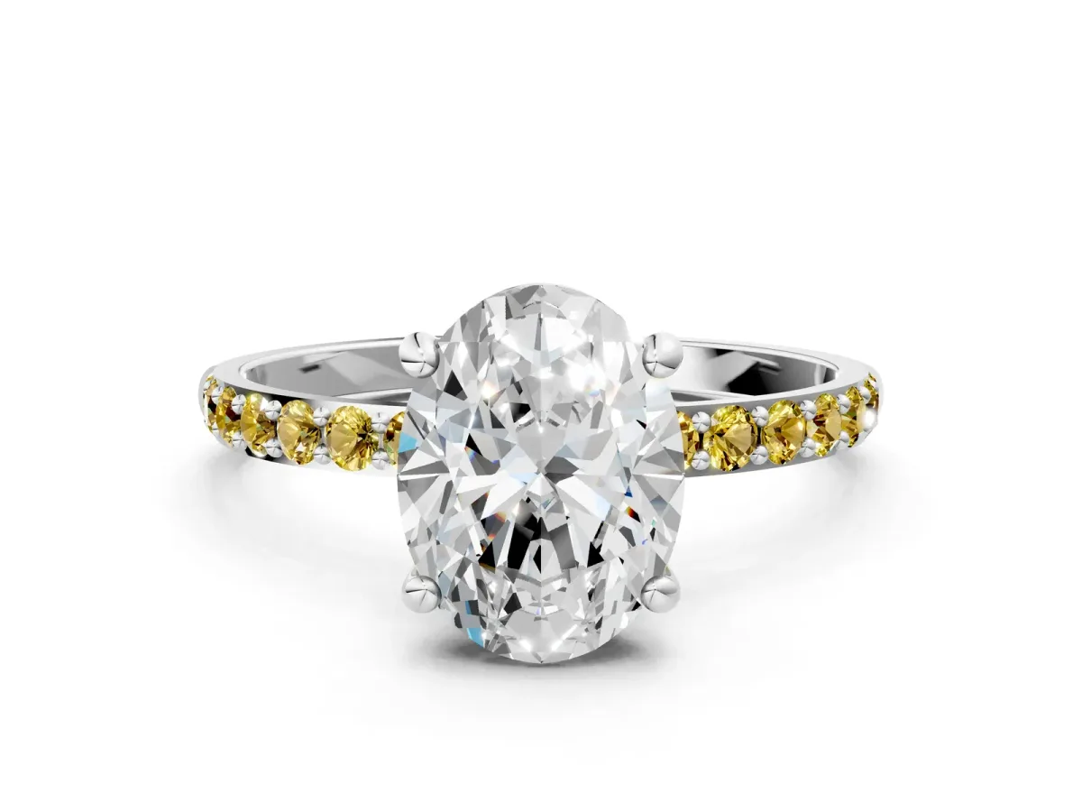 Oval Cut Diamond Solitaire Ring with Round Yellow Sapphire Pavé Band and Prong Setting Silver