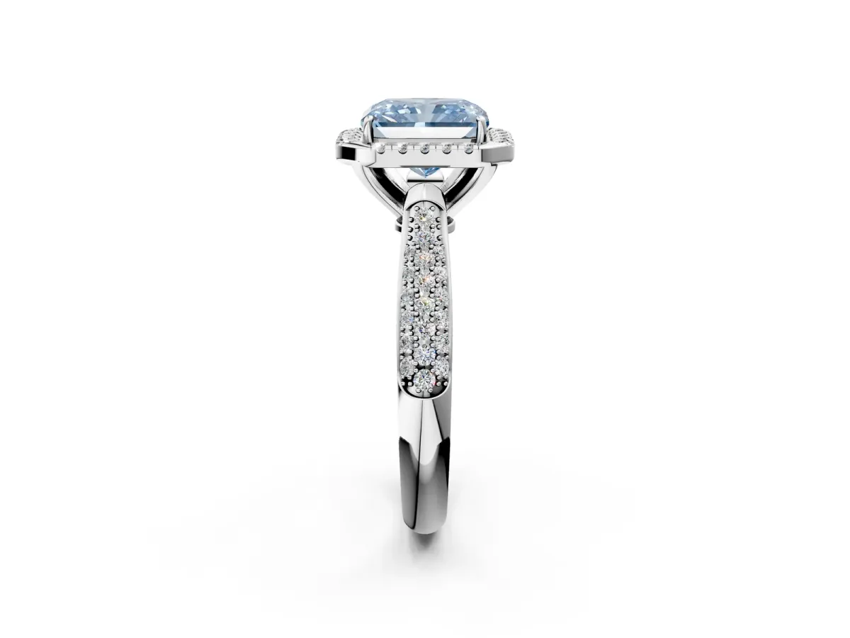Fancy Blue Radiant Cut Cut Halo Pave Band Four-Prong Setting Ring Platinum