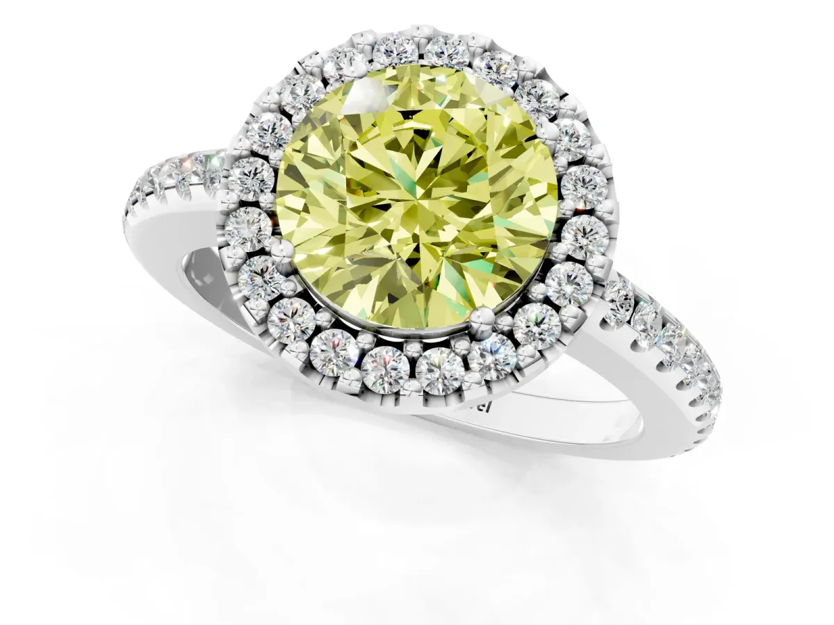 Fancy Yellow Round Cut Diamond Pavé Halo Ring with Four-Prong Setting Platinum