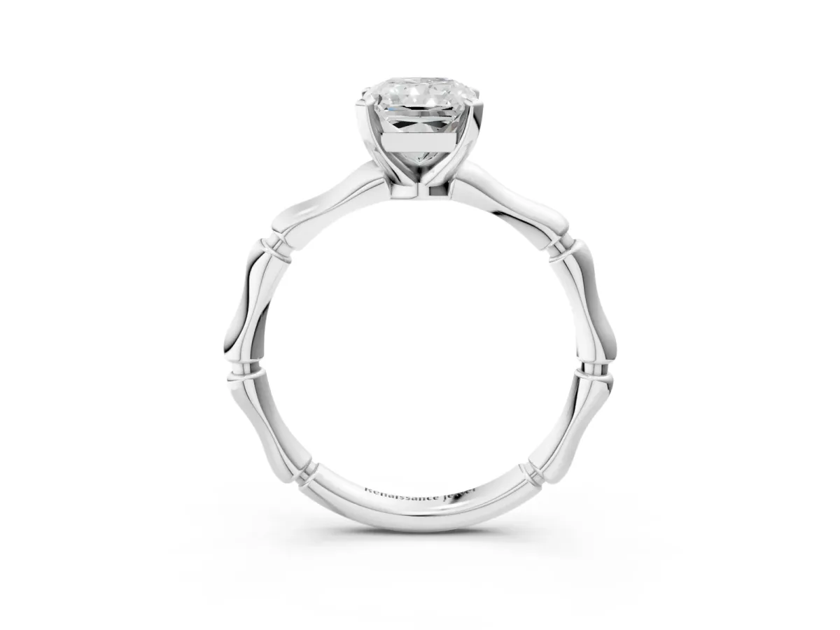 Radiant Cut Solitaire Diamond Ring with Bamboo Band and Four-Prong Setting Platinum