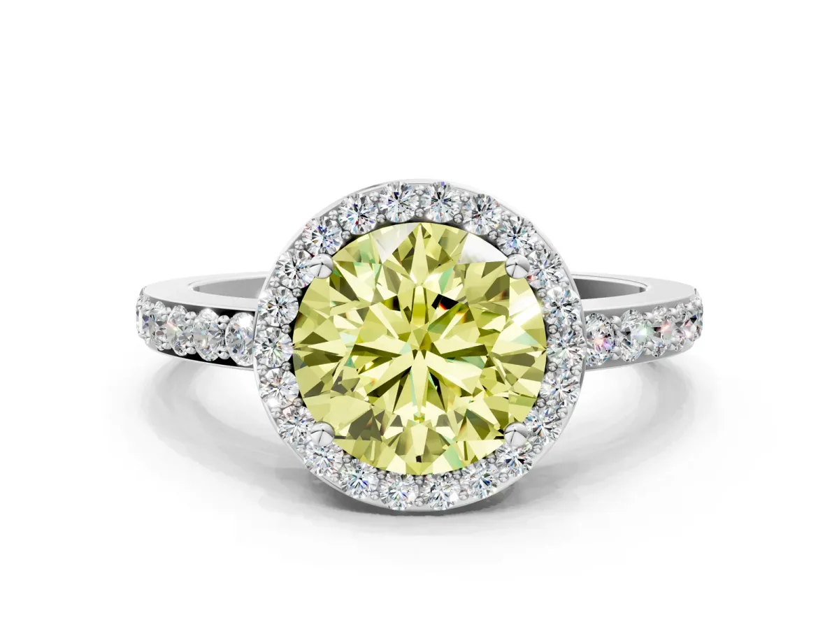 Fancy Yellow Round Cut Halo Diamond Pavé Band Ring with Prong Setting Platinum