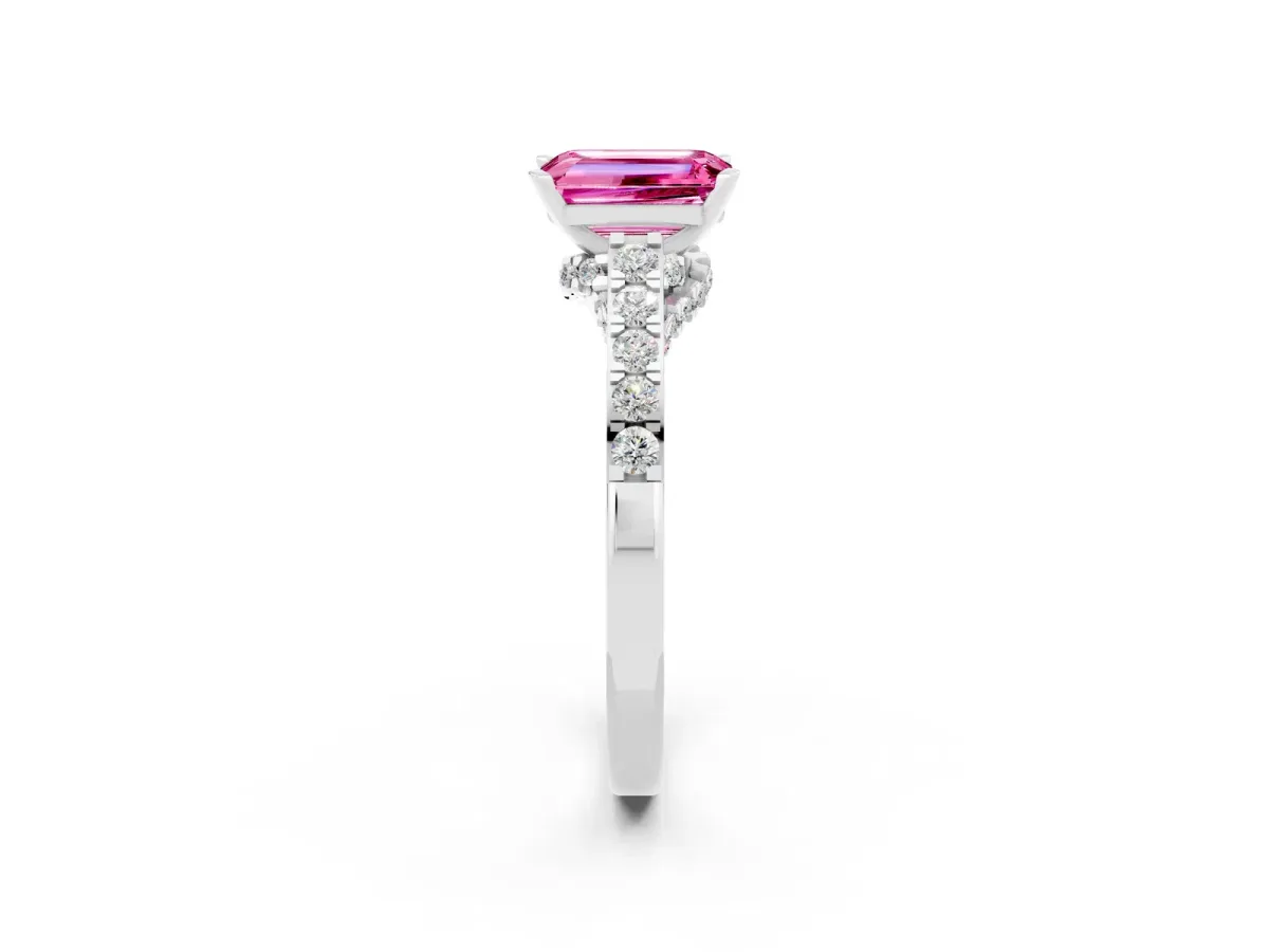 Emerald Cut Pink Sapphire Solitaire Ring with Crossover Gallery and Round Pavé Band Silver