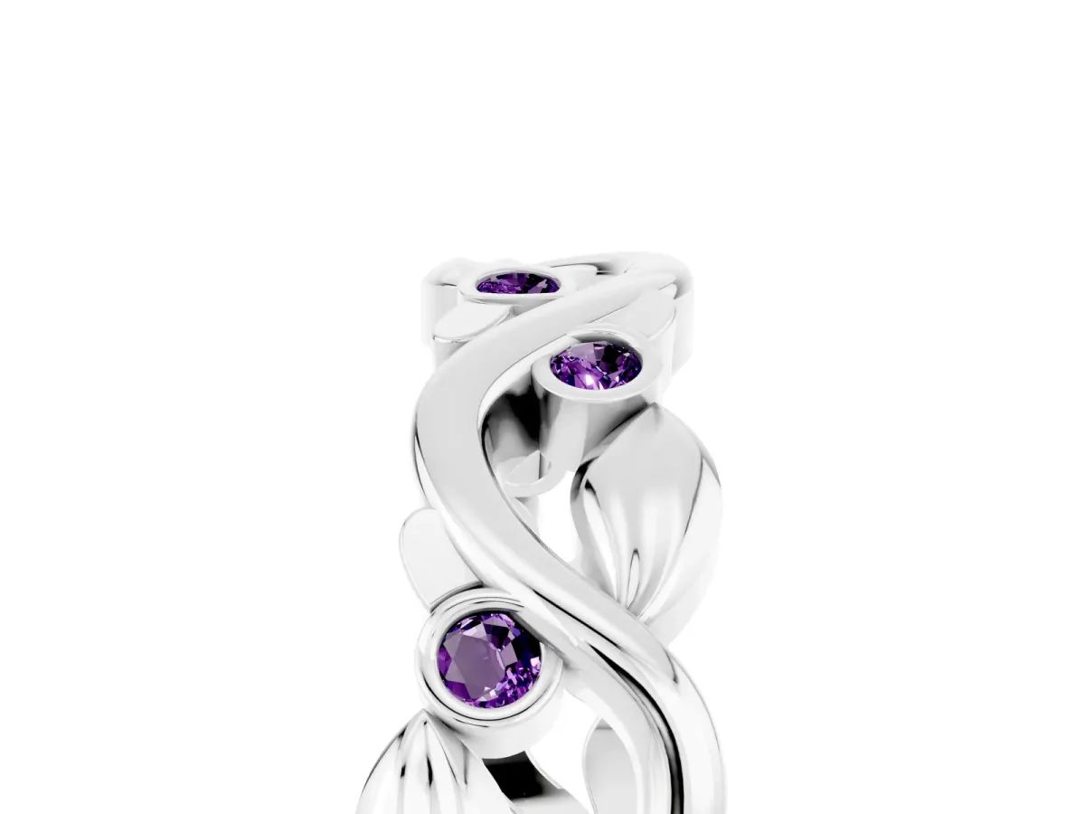 Round Amethyst Leaf Eternity Band with Bezel Setting White gold